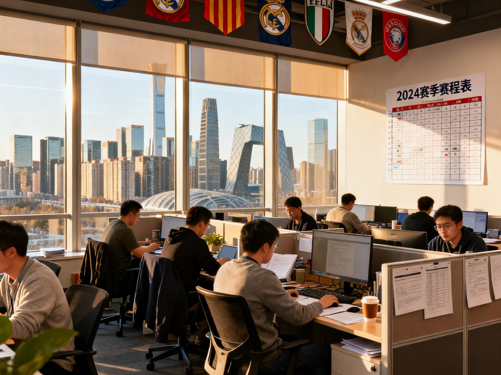 球迷网位于北京望京的总部办公环境实景照片，开放式工位区域坐满了专注工作的员工，墙上挂着各大联赛的旗帜和赛程表，窗外是望京天际线