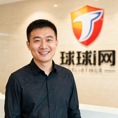 球迷网创始人兼CEO张远航的半身肖像照，他穿着深色衬衫面带微笑，背景是球迷网办公室的logo墙