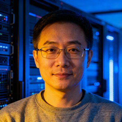 球迷网CTO李明哲的正面半身照，他戴着眼镜穿着灰色卫衣，身后是服务器机房的蓝色灯光